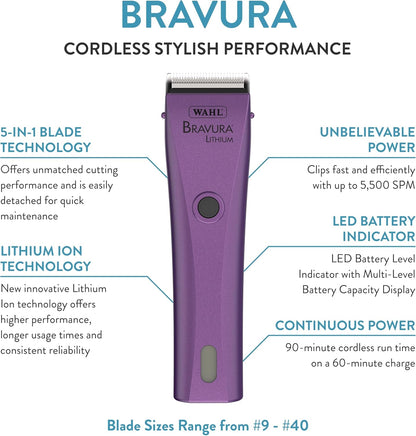 Wahl Professional Animal Bravura Pet, Dog, Cat, and Horse Corded/Cordless Clipper Kit, Purple (#41870-0423)2