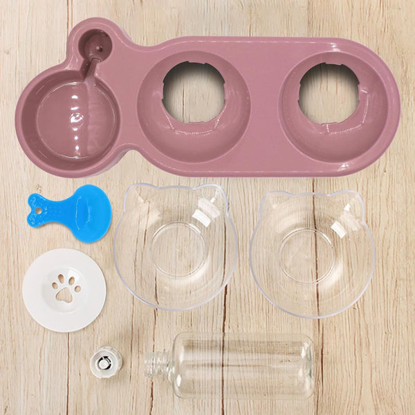Triple Cat Bowls,15°Tilt 3-In-1 Water Feeder Bowls Cat Double Food Bowls with Automatic Water Bottle Bowl, Whisker Friendly Wet and Dry Cat Elevated Feeding Dishes for Small Cat and Puppy (Pink)6