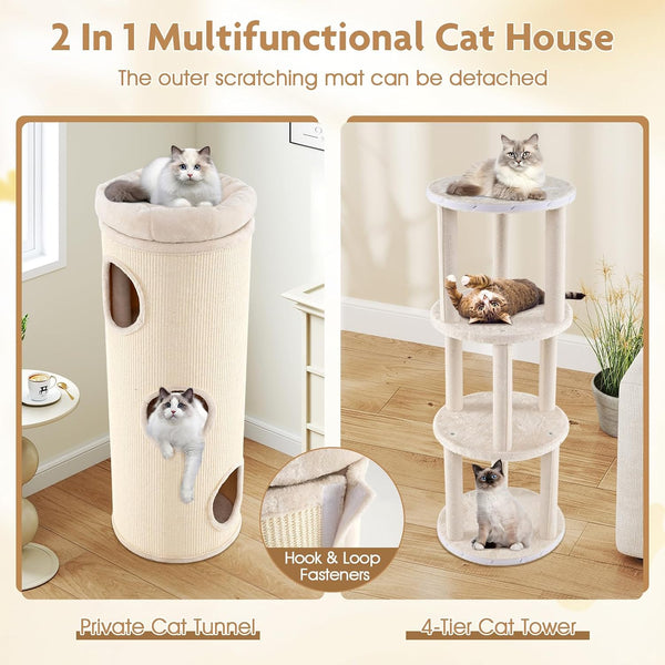 Tangkula 4 Story Cat Tree Condo, 49” Barrel-Shaped Cat House with Detachable Sisal Scratching Board, 3 Hideaways & Removable Soft Top Plush Bed, Interior Bamboo Mat, Modern Cat Tower for Indoor Cats3
