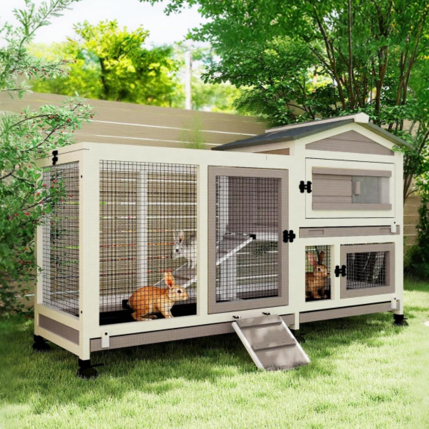 2-story-rabbit-hutch-outdoor-indoor-wooden-bunny-cage-with-6-lockable-wheels-3-removable-no-leakage-pull-out-trays-chew-proof-ramp-waterproof-roof-ideal-for-rabbit-guinea-pig