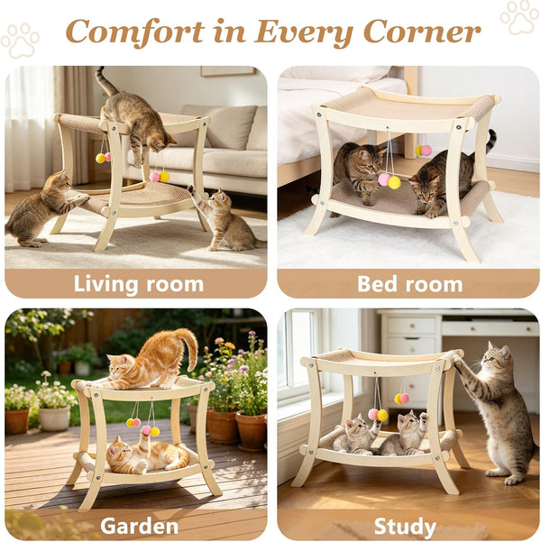 Indoor Cat Scratcher Bed, Double Layer Cat Hammock with Toy Ball, Wooden Sisal Cat Scratching Pad for Cats, Elevated Cat Lounge for Claw Grinding & Sleeping4
