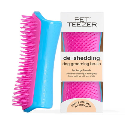 Pet Teezer De-Shedding Dog Brush for Long Hair Breeds, Large, Blue & Pink | Dog Grooming Tool with Patented Two-Tier Teeth Reaches the Undercoat for Thick, Double-Coated Dogs & Wet or Dry Fur1