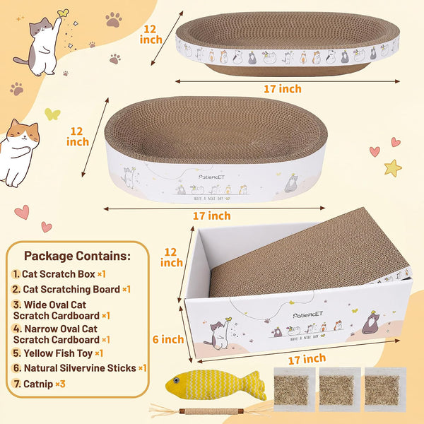 Patiencet 3-In-1 Cat Scratcher Cardboard Set for Indoor Cats, Cat Lounge Box with Wide & Slim Oval Cat Beds, Corrugated Cat Scratching Board for Furniture Protection, Rest & Play3
