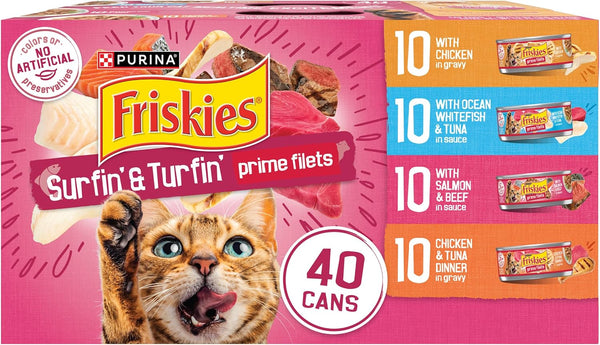 Purina Friskies Gravy Wet Cat Food Variety Pack, Surfin’ and Turfin’ Prime Filets Favorites - (Pack of 40) 5.5 Oz. Cans1