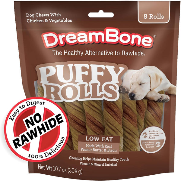 Dreambone Puffy Rolls Rawhide-Free Dog Treats with Real Protein, 8 Count | Daily Chew, Digests Safely and Completely, Made with Real Chicken and Veggies, for Adult Dogs1
