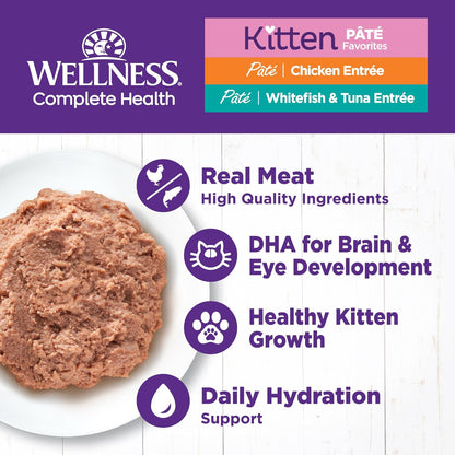 Wellness Complete Health Pate Variety Pack Kitten Canned Wet Cat Food, Natural, Protein Rich, Grain Free, Whitefish and Chicken Recipes, 3 Oz, Pack of 12 Cans2