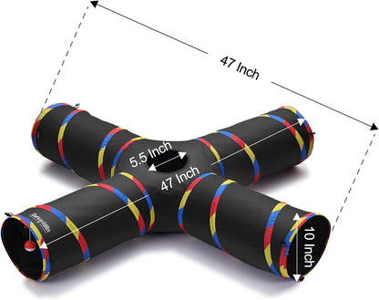 4 Way Large Cat Tunnels for Indoor Cats - 10" Diameter & 47" Long Play Tunnel Toy - Cat Tube with Play Ball & Mouse Toy - Interactive Peephole (Black)2