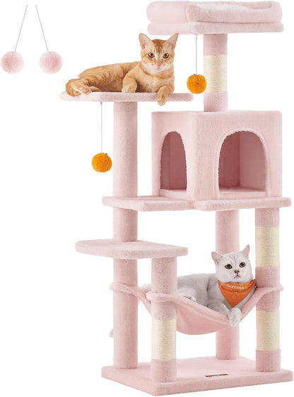 Feandrea Cat Tree, 59.5-Inch Tall Cat Tower, Plush Multi-Level Condo with 5 Scratching Posts, 2 Perches, 2 Caves, Hammock, 2 Pompoms, Light Gray UPCT192W0118