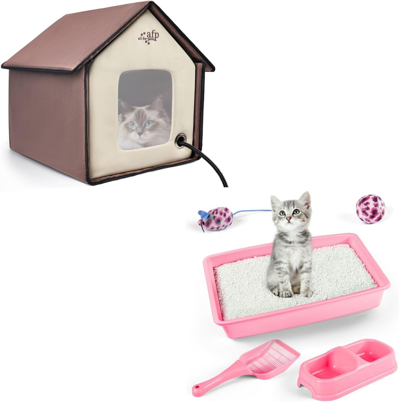 pink-cat-litter-box-set-small-cat-kitten-starter-kit-with-litter-scoop-cat-bowl-kittens-toy-heated-cat-house-indoor-cats-home-with-heated-pad-cat-houses-condos-heater-cat-bed