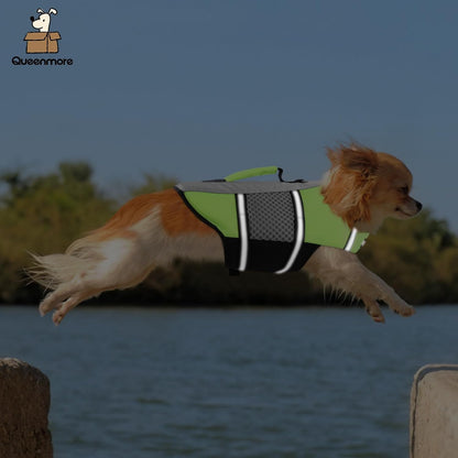 Queenmore Dog Life Jacket Small Float Vests for Swimming Boating Kayaking Mediumn Puppy Dogs Cats Neoprene Life Preserver Pet Water Lifesaver Lightweight Reflective Green,L6