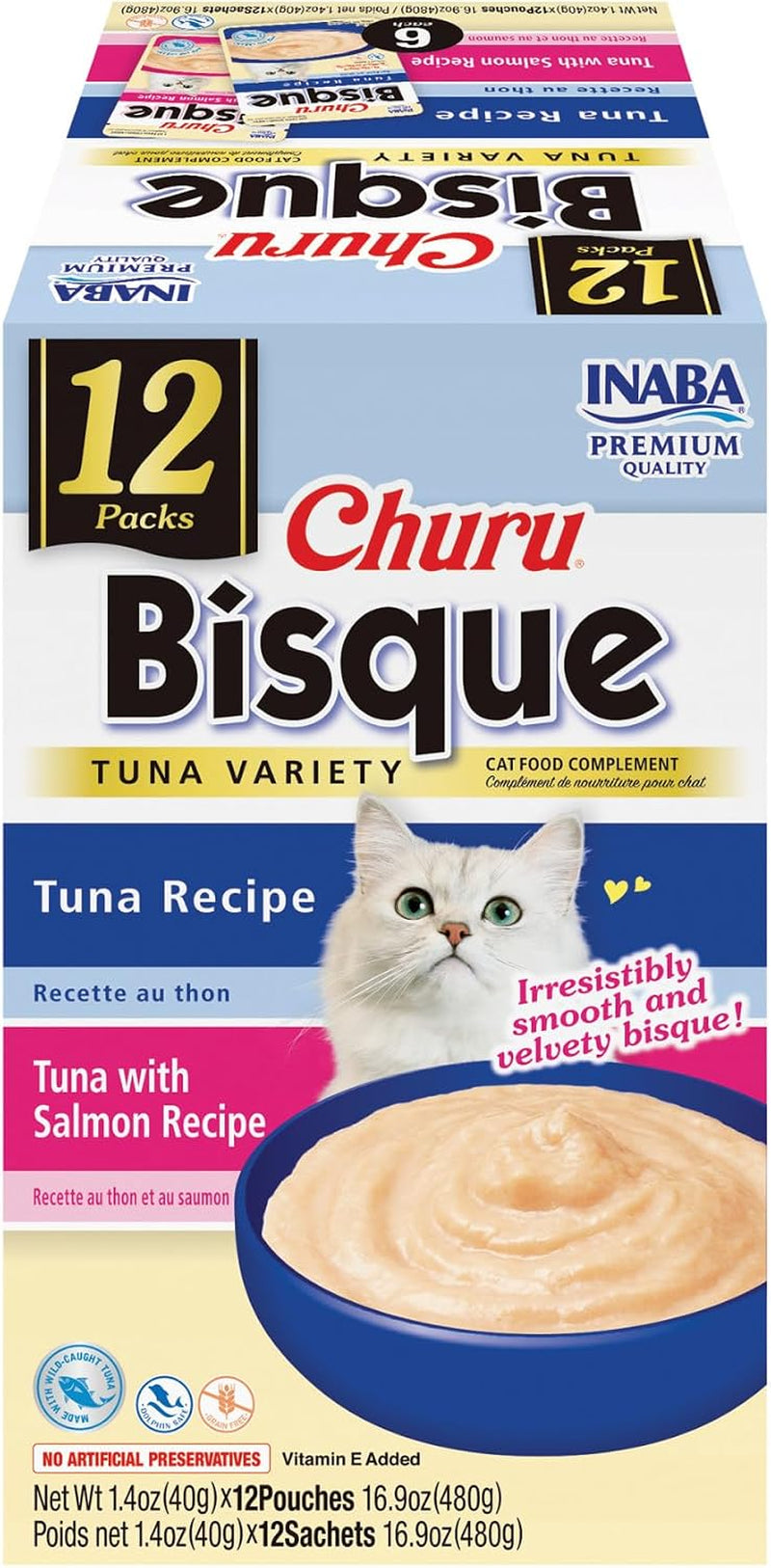 inaba-churu-bisque-for-cats-creamy-lickable-puree-side-dish-with-vitamin-e-1-4-ounces-per-pouch-12-pouches-tuna-chicken-variety