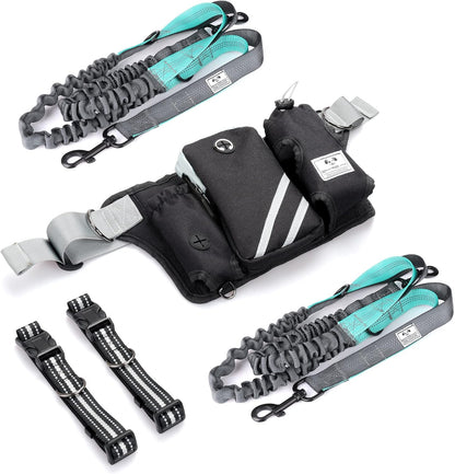 SHINE HAI Retractable Hands Free Dog Leash with Dual Bungees for 2 Dogs, Adjustable Waist Belt Fanny Pack, Reflective Stitching Leash for Running Walking Hiking Jogging Biking Black7