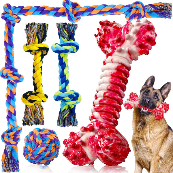 SHARLOVY Large Tough Chew Toys for Aggressive Chewers Large Breed,Heavy Duty Dental Rope Toys Kit for Medium Dogs,5 Knots Indestructible Cotton Puppy Teething Chew Tug Toy Set of 915