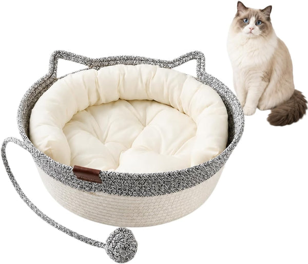 Large Scratchable Handwoven for Cats Stimulicat Handwoven Cat Basket, Cotton Rope Cat Bed round Pet Basket, Hand Woven Boho Cat Bed (Grey, without Cushion)10