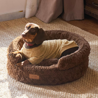 FUKUMARU round Cat Bed, Plush Washable Calming Dog Bed with Low Entry | Raised Bolster Small Dog Bed, Soft Cozy Donut Cat Bed for Indoor Cats, Faux Rabbit Fur & Anti-Slip Bottom, 20 Inch, Brown9