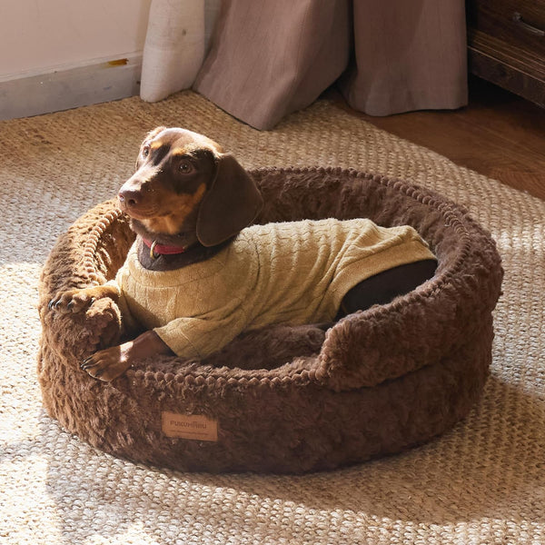FUKUMARU round Cat Bed, Plush Washable Calming Dog Bed with Low Entry | Raised Bolster Small Dog Bed, Soft Cozy Donut Cat Bed for Indoor Cats, Faux Rabbit Fur & Anti-Slip Bottom, 20 Inch, Brown9