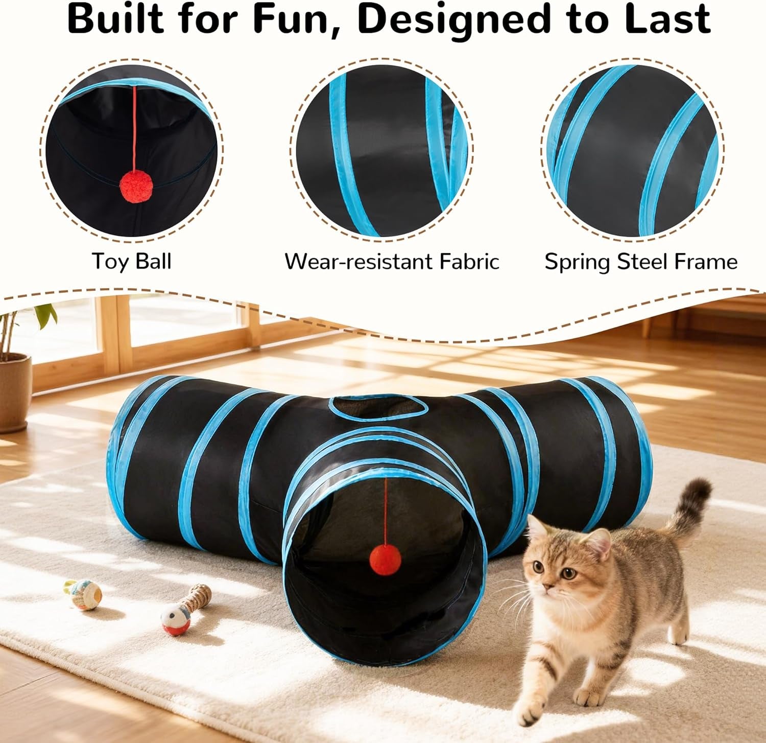 tempcore-pet-cat-tunnel-tube-toys-3-way-collapsible-tunnels-for-indoor-cats-interactive-tube-with-teaser-wand-peek-holes-hanging-ball-black-blue