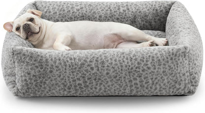 JOEJOY Dog Bed Medium Size Dog, Removable Washable Cover Orthopedic Soft Pet Bed, Anti-Slip Fluffy Plush Faux Rabbit Fur Puppy Bed, 30"X24"X8", Leopard Print, Grey12