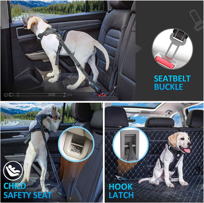 Dog Seat Belt 3-In-1 Car Harness for Dogs Adjustable Safety Seatbelt for Car Nylon Reflective Bungee Fabric Dog Car Harness with Clip Hook Latch & Buckle, Swivel Zinc Alloy Carabiner (Black)6