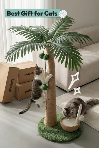 33" Tall Cat Scratching Post, Natural Jute Cat Scratcher for Indoor Cats,Coconut Tree & Straw Design with Hanging Toy Ball & Rest Platform,Stable Furniture Protector for Kittens & Adult Cats,M8