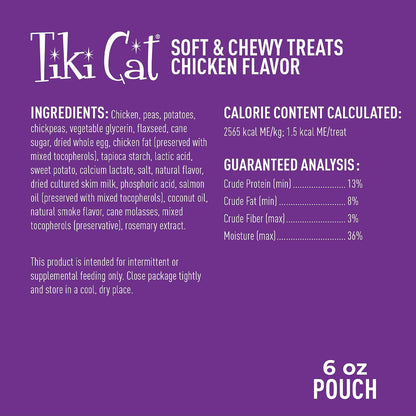 Tiki Cat Soft & Chewy Treats, Chicken Flavor, 3 Calories per Treat with Grain-Free and No Added Gluten, 6 Oz. Pouch3