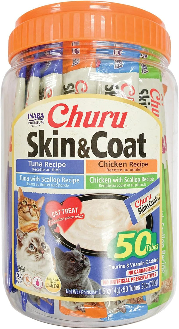INABA Churu Skin Coat Lickable Cat Treats, Variety Jar, 50Ct | Skin & Coat Support, Immune Support, 88% Moisture, 9 Calories, Grain-Free, Preservative-Free, 50 X 0.5 Oz Tubes1