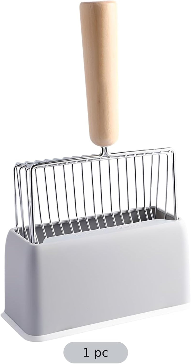 11-in-long-handle-cat-litter-scoop-set-gray-metal-rustproof-6-7-in-wide-sifter-with-wooden-grip-included-abs-base-holder-stand