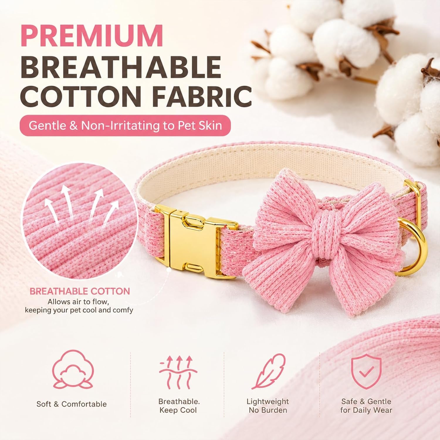 dog-collar-and-leash-set-with-bowtie-soft-cute-puppy-collar-cotton-puppy-collar-with-adjustable-metal-buckle-for-small-medium-dog-pink-size-s-neck-10-16
