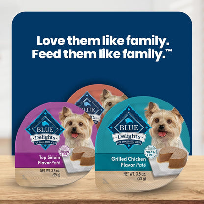Blue Buffalo Delights Variety Pack Natural Grain Free Wet Dog Food for Small Breed Dogs (Top Sirloin Flavor Paté and Grilled Chicken Flavor Paté) with Natural Ingredients, 3.5-Oz. Each (12 Cups)9