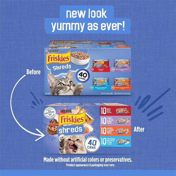Purina Friskies Wet Cat Food Variety Pack, Shreds with Beef, Turkey and Cheese Dinner, Chicken and Salmon Dinner, and with Ocean Whitefish and Tuna - (Pack of 40) 5.5 Oz. Cans2