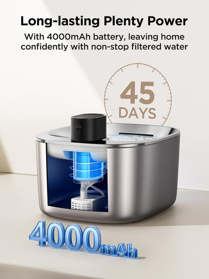 FEELNEEDY Wireless Cat Water Fountain Stainless Steel with Sensor, 4000Mah Battery Operated, 4L/135Fl Oz Pet Water Fountain for Cats Dogs, Ultra Quiet Cat Drinking Fountain with 2 Filters (YPD-C004S)4