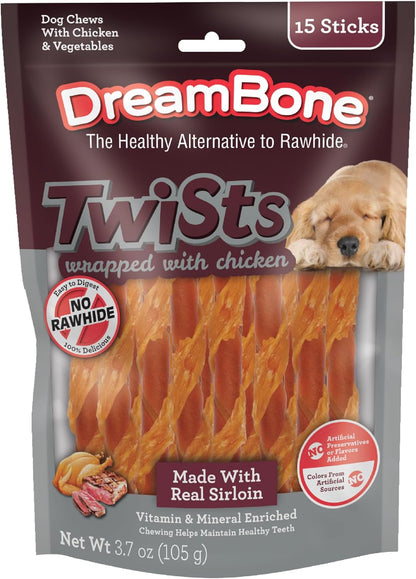 Dreambone Chicken Wrapped Sirloin Twist Stick Dog Treats, Daily Rawhide-Free Chew, Digests Safely and Completely, with Real Protein, Chicken, Sirloin and Veggies, 15 Count1