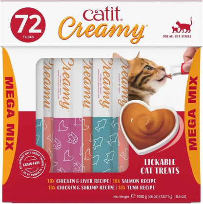 Catit Creamy Lickable Cat Treat – Healthy Variety of Flavors, 72 Pack, Hand-Feed or Serve, Nutrient-Rich Squeeze Tube, 0.5 Oz Each1