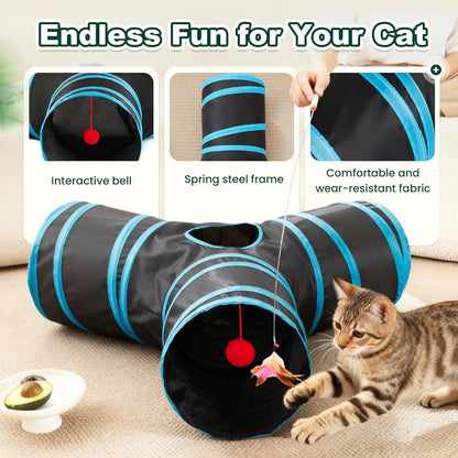 Love’S Cabin Cat Tunnel for Indoor Cats, 3-Way Collapsible Play Tunnel with Teaser Wand, Peek Holes & Toy Ball, Small Pet Toy for Kittens & Rabbits, Black & Blue, Small Size6