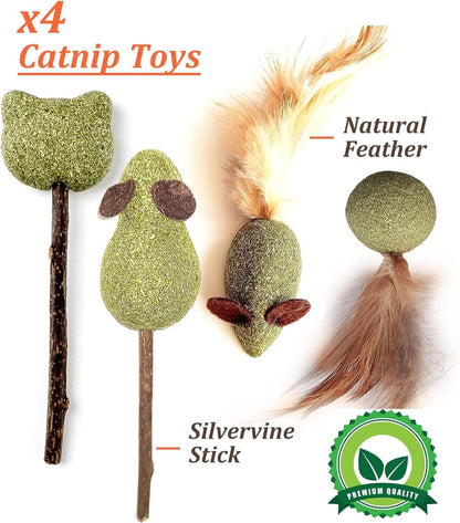 12 Pack Catnip Toys for Cats, Silvervine Sticks, Catnip Balls, Cat Nip Mice, Kicker Toys, Silver Vine Organic Chew Toys, Kitten Teething Toy,Interactive Enrichment (Green)4