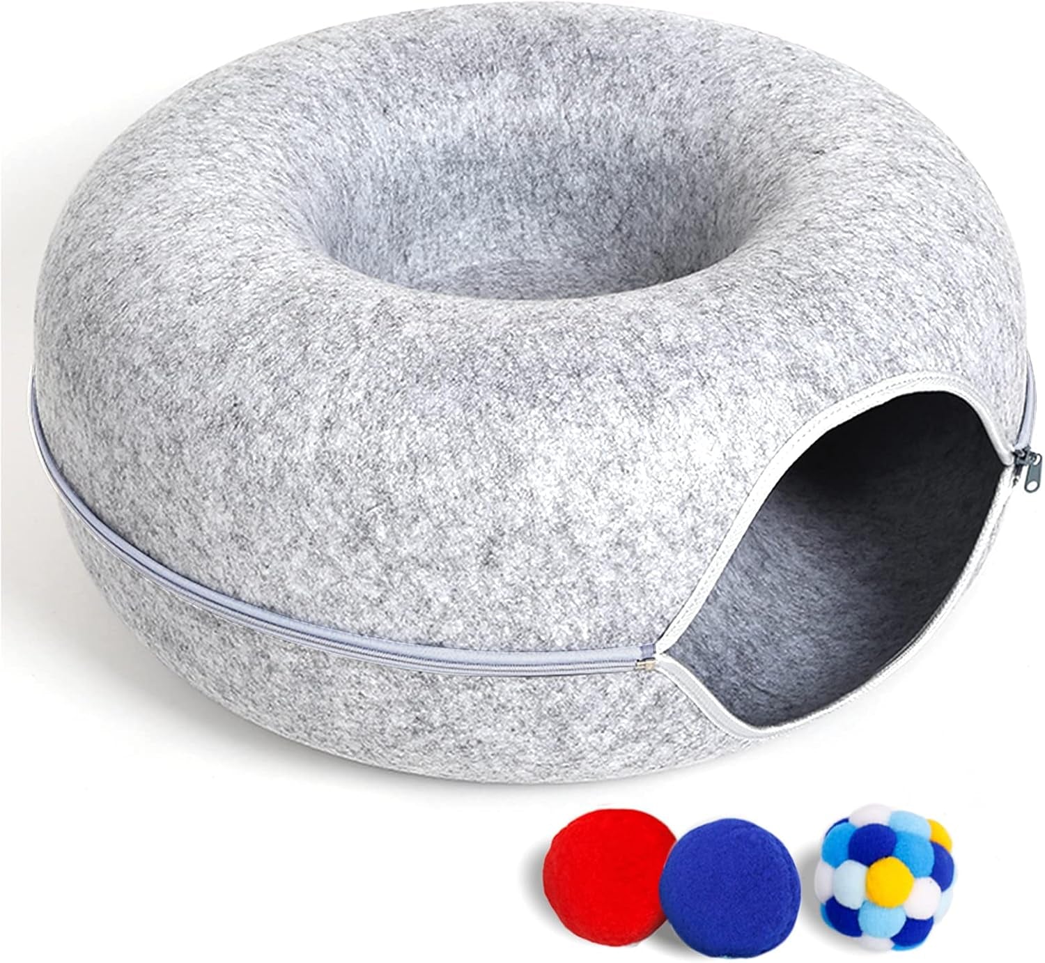 large-cat-tunnel-bed-for-indoor-cats-with-3-toys-scratch-resistant-donut-cat-bed-up-to-30-lbs-l-24x24x11-dark-grey