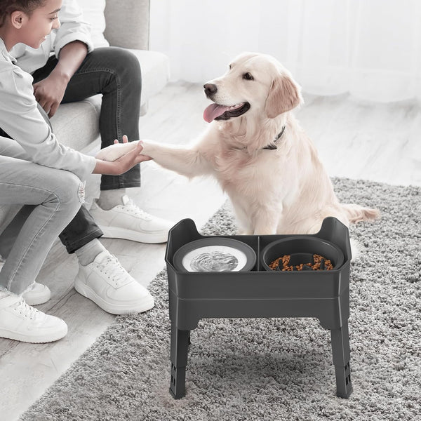 4-In-1 Elevated Slow Feeder Dog Bowls, 4 Height Adjustable Mess Proof Raised Dog Bowl Stand with No Spill Dog Water Bowl, Stainless Steel Dog Food Bowl & Slow Feeder for Large Medium Small Dogs Pets8