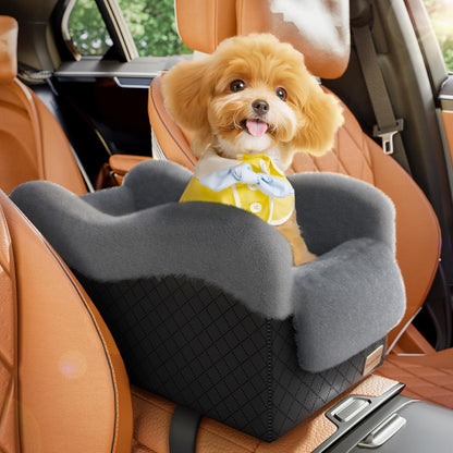Center Console Dog Car Seat for Small Dogs under 11Lbs, Grey | Anti-Collapse, Safety Tether, Faux Rabbit Fur-Lined & PU Leather Cover, Washable Puppy Seat for Suv/Truck, Ideal for Travel1