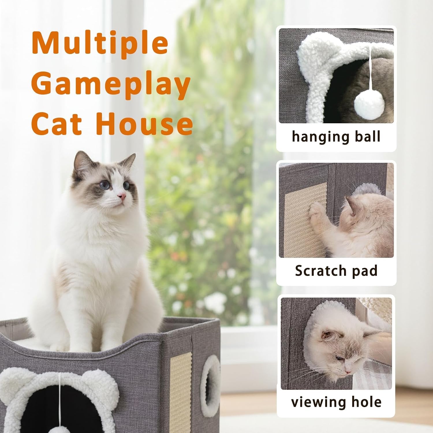 cat-houses-for-indoor-cats-large-cats-bed-cave-kitten-cube-box-cat-condo-with-scratching-pad-hanging-fluffy-ball-peekaboo-window-foldable-hideaway-hand-washable16x16x13-3-inches-grey