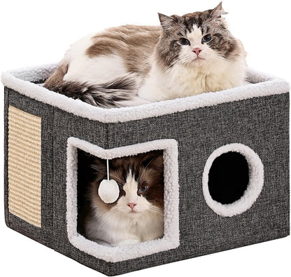 Large Cat Houses for Indoor Cats with Fluffy Ball and Scratch Pad | Foldable Cat Bed Cave for Multiple Pets, Kitten Bed for All Seasons, Non-Slip, Hold up to 30LBS, 16X16X13Inch, Grey1