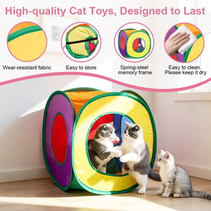 Retro Shaw 33 Pack Cat Toys for Indoor Cats, Collapsible Kitty Tunnel Tent with Feather Teaser Wand, Springs Balls Bell Mouse Interactive Kitten Hideaway Playhouse 15.7 Inches6
