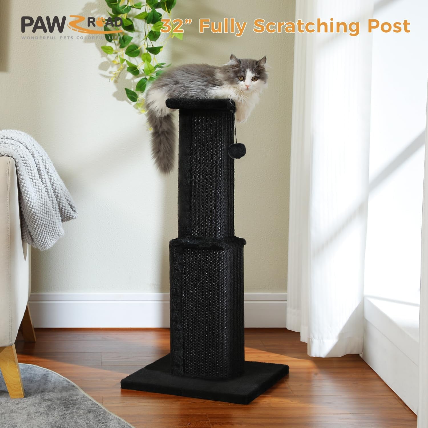 pawz-road-large-cat-scratching-post-32-tall-black-cat-scratcher-heavy-duty-cat-post-with-16x16-large-base-covered-sturdy-woven-sisal-scratcher-and-cat-toy-ball-for-adult-and-indoor-cats