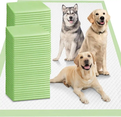 Stacks of green dog training pads with happy dogs on absorbent puppy pads for pets10