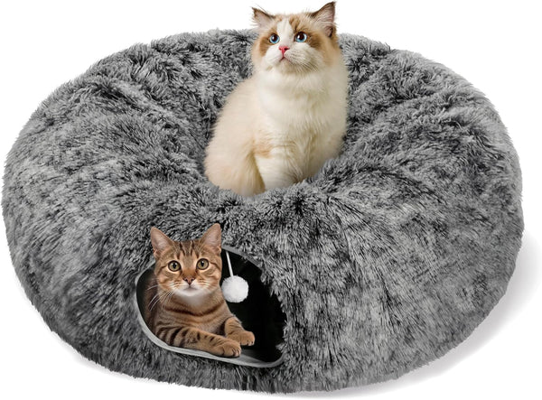 Baseola Fuzzy Cat Tunnel Bed for Indoor Cats, 2-In-1 Interactive Cat Toys | Peekaboo Cat Cave with Washable Mat, Collapsible Cat Play Tunnel for Kittens & Small Pets, Plush Cat Donut Bed Tunnel, Grey10