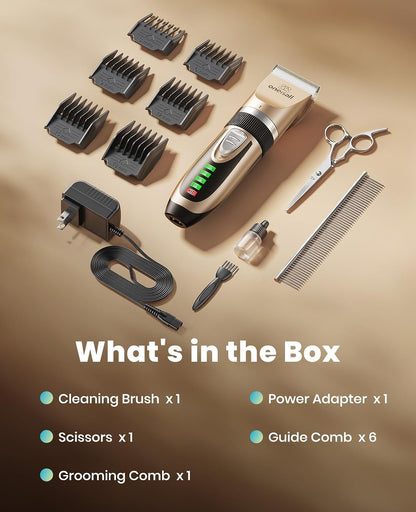 Oneisall Dog Grooming Clippers with LED Display for Dogs & Cats | Low Noise Quiet,2-Speed,Cordless Rechargeable,Fast Charge,Detachable,Waterproof,Battery Level Display, Model X2,Gold9