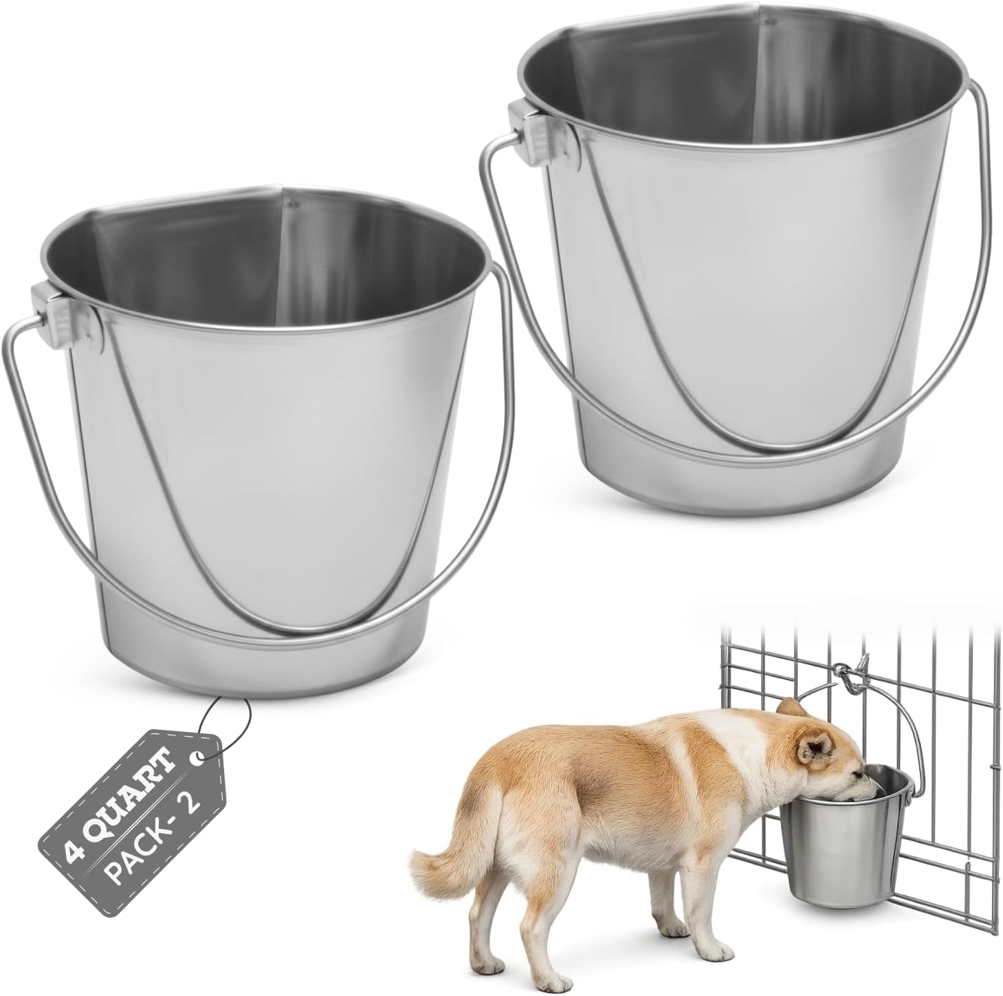 flat-side-stainless-steel-bucket-2-quart-hanging-feeding-utility-pail-for-small-dog-cat-birds-fits-kennel-cage-compatible-heavy-duty-food-water-feeder-0-5-gallon-silver-bucket-4-pack