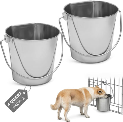 Flat Side Stainless Steel Bucket 2 Quart Hanging Feeding Utility Pail for Small Dog Cat Birds, Fits Kennel Cage Compatible, Heavy Duty Food & Water Feeder, 0.5 Gallon Silver Bucket 4 Pack12