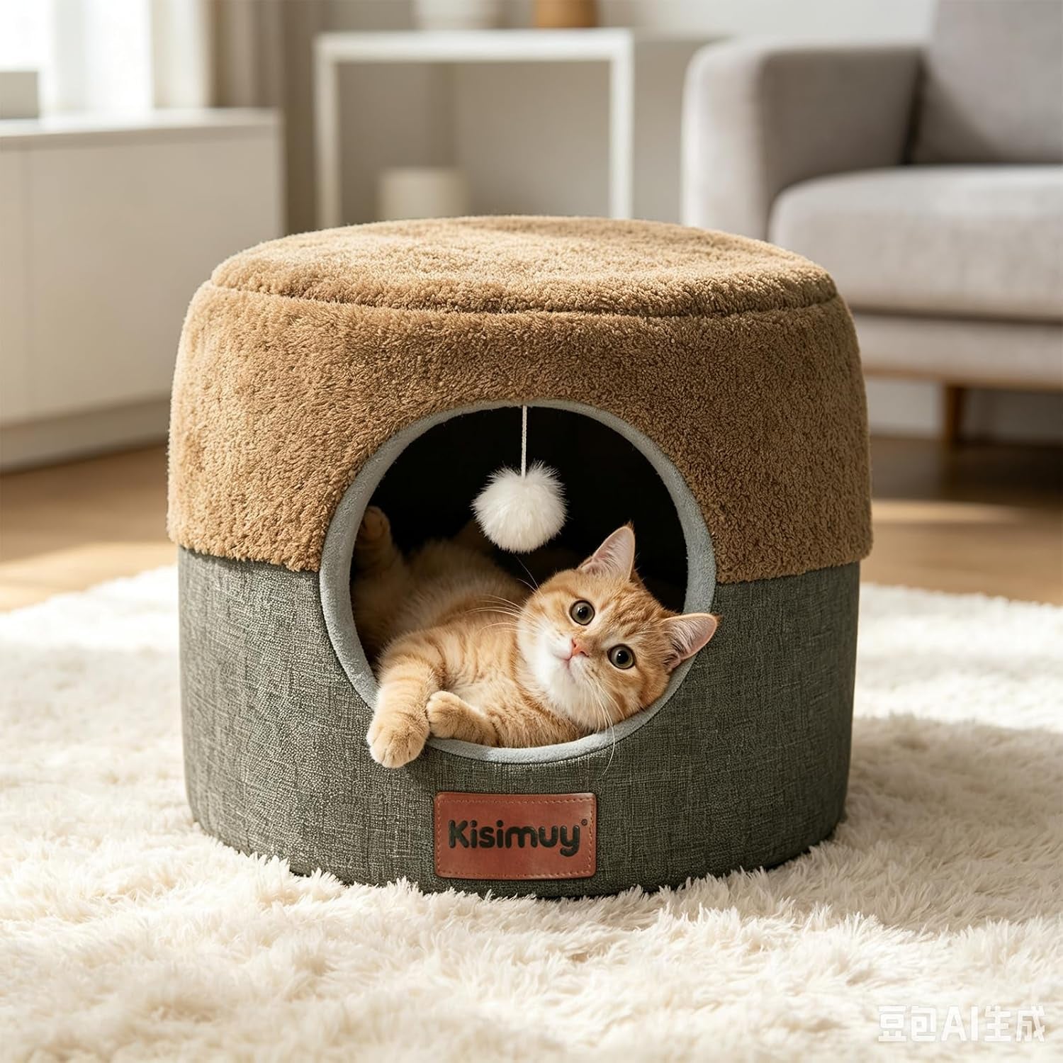 2-in-1-foldable-cat-bed-for-indoor-cats-cat-cave-sofa-bed-15-7d-x-13h-reversible-plush-linen-cushion-enclosed-cat-bed-hanging-cat-toys-non-slip-small-cat-house-grey