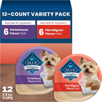 Blue Buffalo Delights Variety Pack Natural Grain Free Wet Dog Food for Small Breed Dogs (Top Sirloin Flavor Paté and Grilled Chicken Flavor Paté) with Natural Ingredients, 3.5-Oz. Each (12 Cups)15