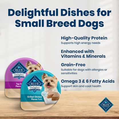 Blue Buffalo Delights Variety Pack Natural Grain Free Wet Dog Food for Small Breed Dogs (Top Sirloin Flavor Paté and Grilled Chicken Flavor Paté) with Natural Ingredients, 3.5-Oz. Each (12 Cups)3